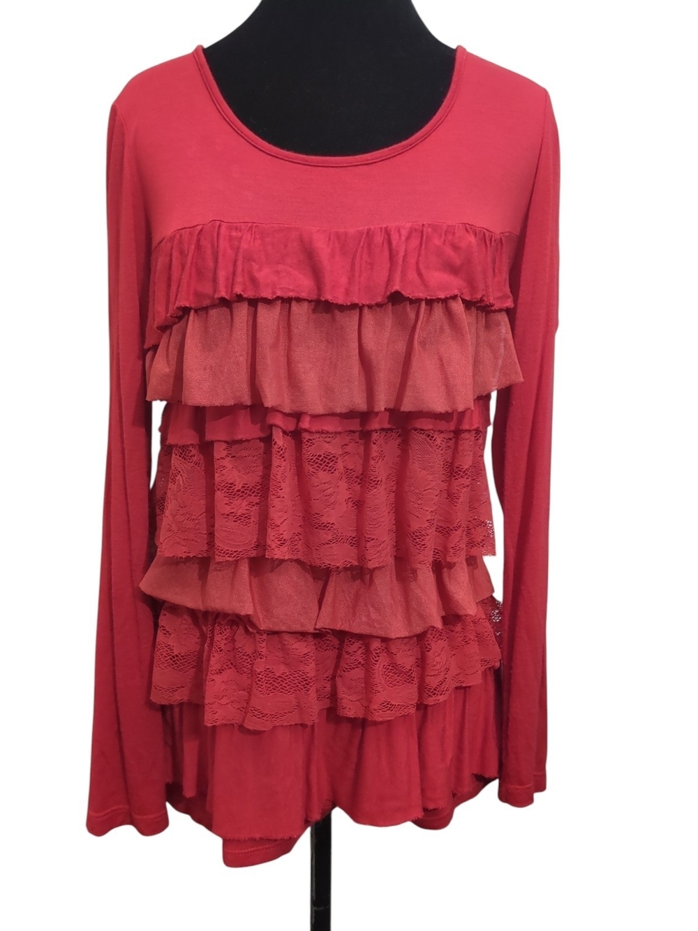 Sundance Red Layered Ruffle Lace Long-Sleeve Top